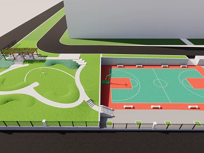 Outdoor Recreational Park Area With Green Paths Seats Black Fence And Basketball Court 3d model
