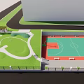Outdoor Recreational Park Area With Green Paths Seats Black Fence And Basketball Court