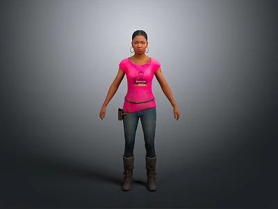Woman In Pink T Shirt Blue Jeans And Brown Boots Standing On Grey Background 3d model