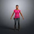 Woman In Pink T Shirt Blue Jeans And Brown Boots Standing On Grey Background