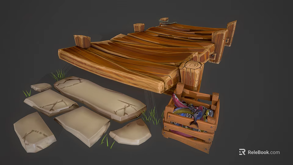 Rustic Scene Components With Slatted Wooden Platform Stone Slabs And Crate 3d model 