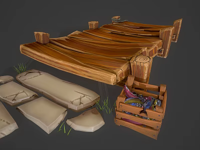 Rustic Scene Components With Slatted Wooden Platform Stone Slabs And Crate 3d model
