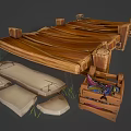 Rustic Scene Components With Slatted Wooden Platform Stone Slabs And Crate