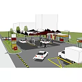 Detailed Modern Gas Station Rendering With White Cars Fuel Pumps And Canopy Structure