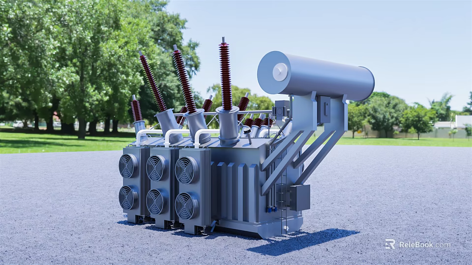 Industrial Power Transformer With Radiator Fins Insulator Bushings And Cylindrical Tank In Outdoor Green Setting 3d model 