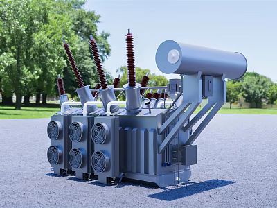 Industrial Power Transformer With Radiator Fins Insulator Bushings And Cylindrical Tank In Outdoor Green Setting 3d model