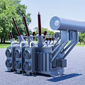 Industrial Power Transformer With Radiator Fins Insulator Bushings And Cylindrical Tank In Outdoor Green Setting
