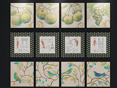 Botanical Plant Paintings With Fruits Branches Leaves And Bird Decor 3d model
