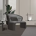 Modern Checkered Upholstered Accent Chair With Cushion Near Large Plant And Side Table By Blinds