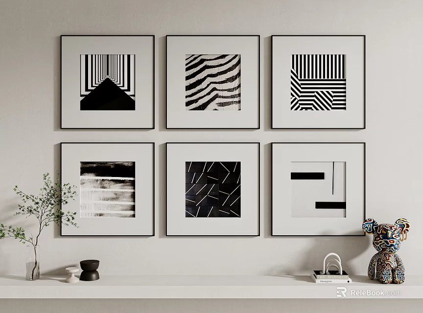 Black and White Abstract Paintings Featuring Geometric Patterns Framed Wall Art 3d model