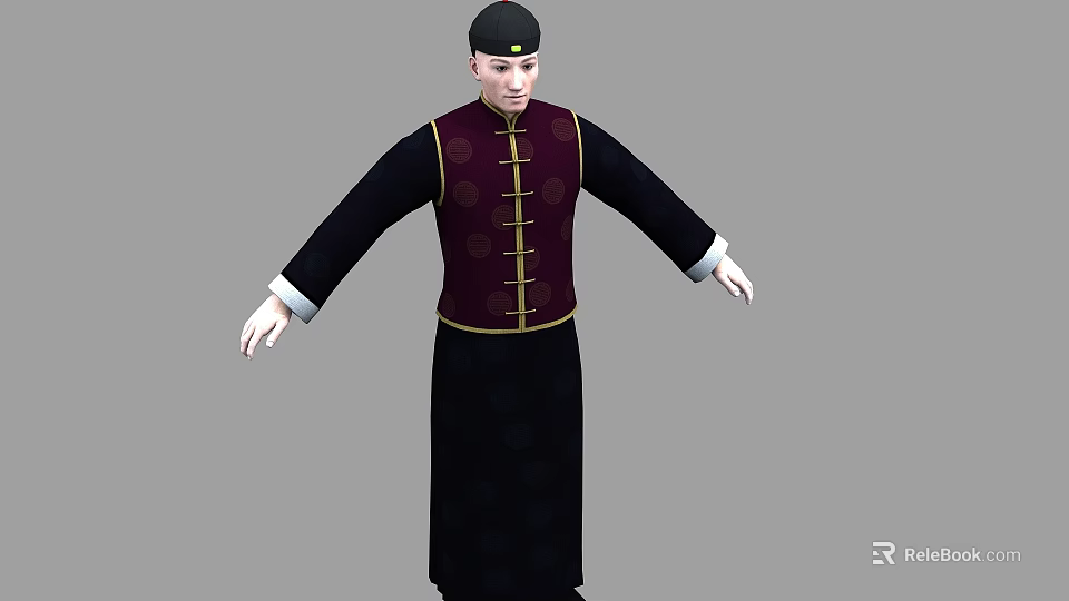 Man Wearing Traditional Outfit With Black Robe Dark Red Vest Gold Buttons And Black Hat 3d model 