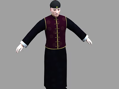 Man Wearing Traditional Outfit With Black Robe Dark Red Vest Gold Buttons And Black Hat 3d model
