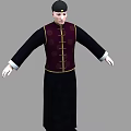 Man Wearing Traditional Outfit With Black Robe Dark Red Vest Gold Buttons And Black Hat