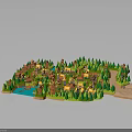 Cartoon Style Miniature Village Model With Colorful Houses Green Trees River And Roads
