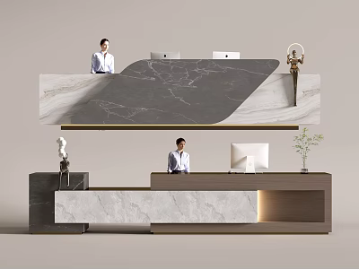 Modern Reception Desk With Marble Countertop Staff Computers Potted Plant And Decorative Items 3d model