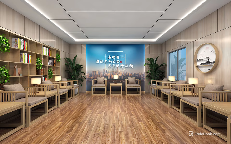 Hotel Public Lounge With Wooden Bookshelves Green Plants Sofas And Coffee Tables 3d model 