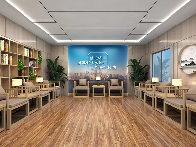 Hotel Public Lounge With Wooden Bookshelves Green Plants Sofas And Coffee Tables 3d model