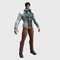 Man Wearing White Lab Coat With ID Badge Blue Sweater Brown Pants And Black Shoes
