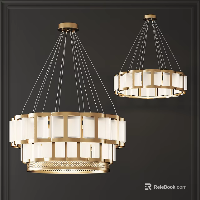 Two Modern Gold Frame Chandeliers With White Rectangular Glass Shades 3d model