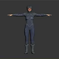 Female Game Movie Character In Blue Tight Combat Suit With Helmet And Arms Outstretched