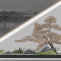 Indoor Landscape Interior With Staircase Railing Decorative Pine Tree Rockery And Green Plants