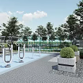 Modern Metal Sculpture In Outdoor Plaza With Green Grass And Trees