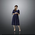 Woman in Dark Blue Dress With White Collar Braided Hair Holding Cup Against Gray Background