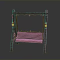 Outdoor Swing Chair With Wooden Slat Seat Metal Frame And Decorative Lanterns On Both Sides