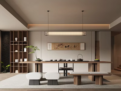 Modern Tea Room Interior With Open Design Wooden Table Hanging Lights And Ceramic Sets 3d model