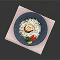 Fried Chicken Piece Served With Steamed Rice On Blue Plate And Fresh Vegetables