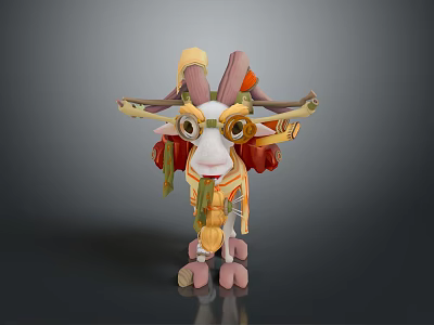 Cartoon Fantasy Goat Game Character With Big Goggles Colorful Horns And Red Yellow Decorations 3d model