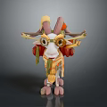 Cartoon Fantasy Goat Game Character With Big Goggles Colorful Horns And Red Yellow Decorations