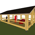 Rustic Log Cabin With Open Porch Dark Roof And Red Seating In Green Grassy Area