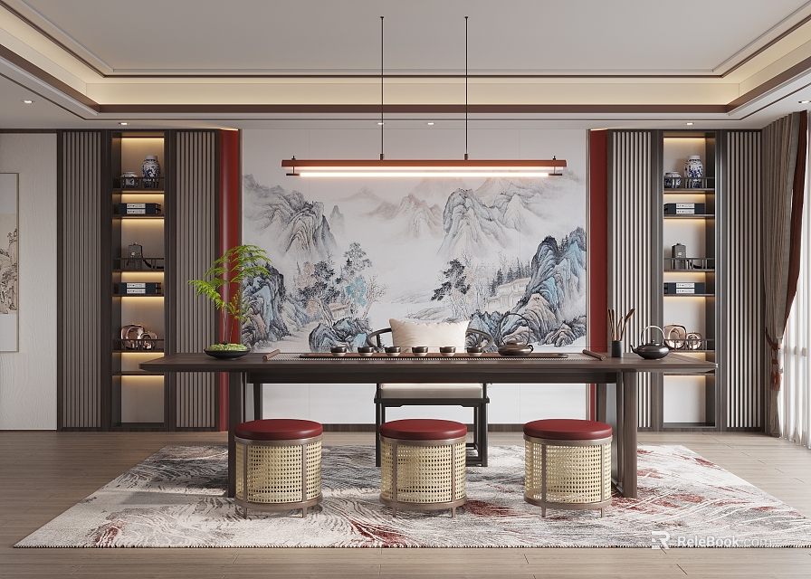 Traditional Tea Room Interior Design Featuring Landscape Painting Tea Sets Long Table And Woven Stools 3d model 