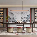 Traditional Tea Room Interior Design Featuring Landscape Painting Tea Sets Long Table And Woven Stools