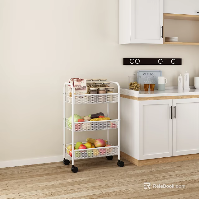 Practical White Rolling Kitchen Cart with Storage Baskets Holding Fresh Fruits Vegetables and Kitchen Supplies 3d model 