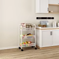 Practical White Rolling Kitchen Cart with Storage Baskets Holding Fresh Fruits Vegetables and Kitchen Supplies