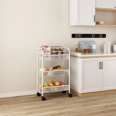 Practical White Rolling Kitchen Cart with Storage Baskets Holding Fresh Fruits Vegetables and Kitchen Supplies 3d model