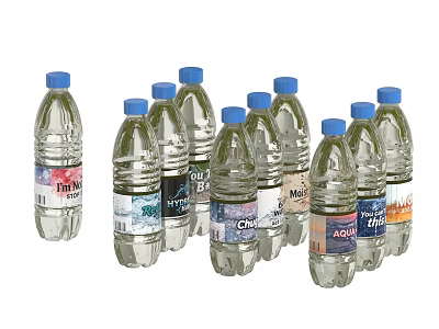 Transparent Plastic Bottled Drinking Water With Blue Caps And Various Labels 3d model