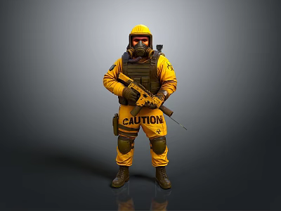 Game Movie Character In Yellow Hazmat Suit With Gas Mask Holding Rifle And Caution Text 3d model