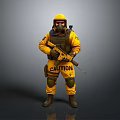 Game Movie Character In Yellow Hazmat Suit With Gas Mask Holding Rifle And Caution Text