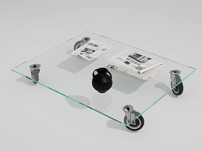 Modern Glass Coffee Table With Transparent Top And Rolling Wheels For Living Room 3d model
