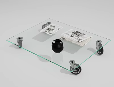 Modern Glass Coffee Table With Transparent Top And Rolling Wheels For Living Room 3d model
