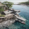 Cliffside Detached Villa with Stone Walls Large Windows and Pine Trees Near Waterfront
