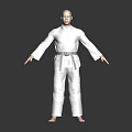 3D Rendered Karate Practitioner In White Uniform With Black Belt Standing On Dark Background