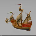 Ancient Wooden Sailing Ship As Water Transport With Multiple Sails And Decorative Flags