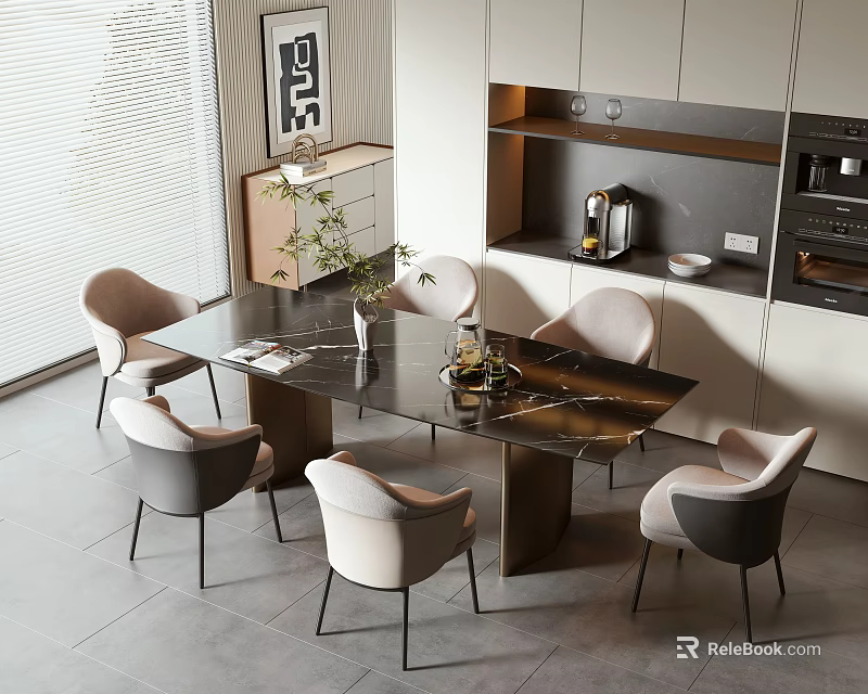 Modern Kitchen Interior With Dining Table And Chairs Set Marble Top Design 3d model 