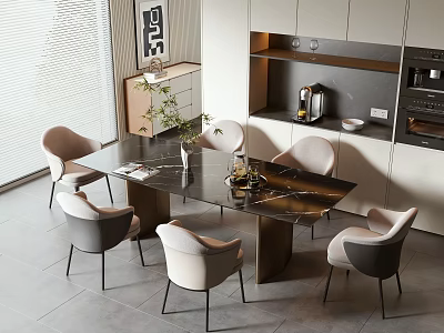 Modern Kitchen Interior With Dining Table And Chairs Set Marble Top Design 3d model