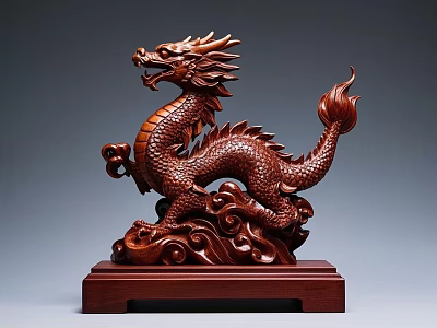 Handcrafted Wooden Dragon Sculpture With Intricate Scales Claws And Cloud Patterns On Solid Base 3d model