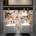 Modern Bathroom Interior With Gray Walls Black Toilet White Flush Button And Black Sink